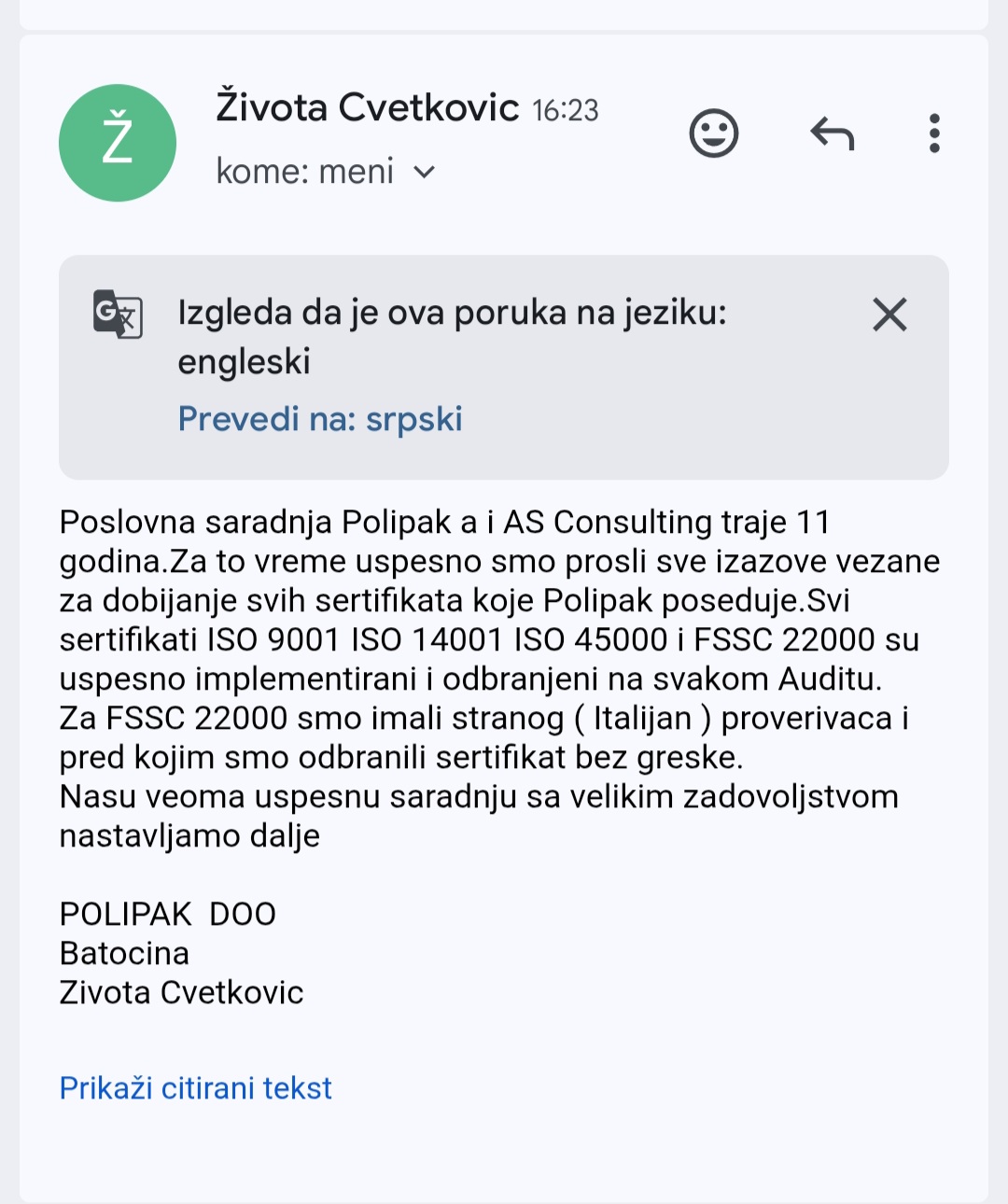 Originalna preporuka - POLIPAK DOO